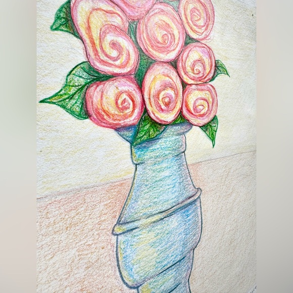 Handmade Hand Crafted Original Artwork Colored Pencil Drawing Flowers Still Life - Picture 4 of 5